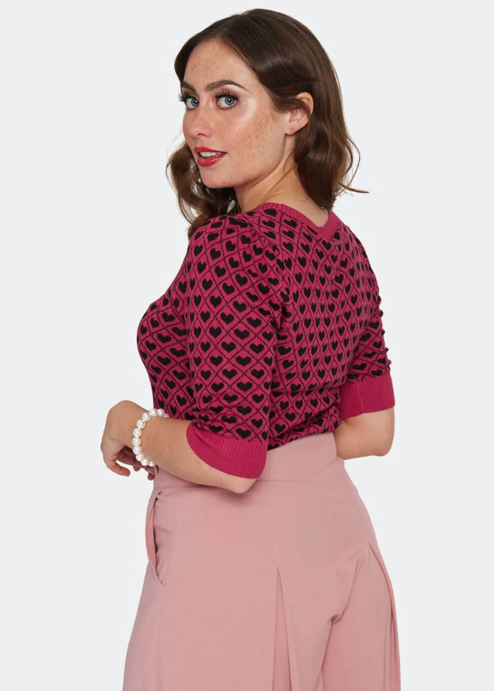 Voodoo Vixen Heart Patterned Sweater Pink