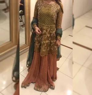 Wedding party sharara green and copper color with heavy dabka nagh perls and zari work Model#P1113