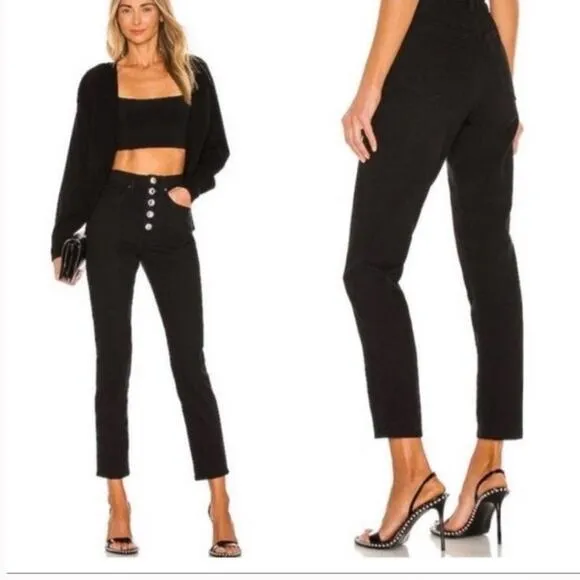 WeWoreWhat Danielle Jeans Crystal Button Up Straight Leg Black