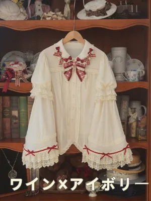 Whip Cream Princess Sleeves Check Ribbon Blouse