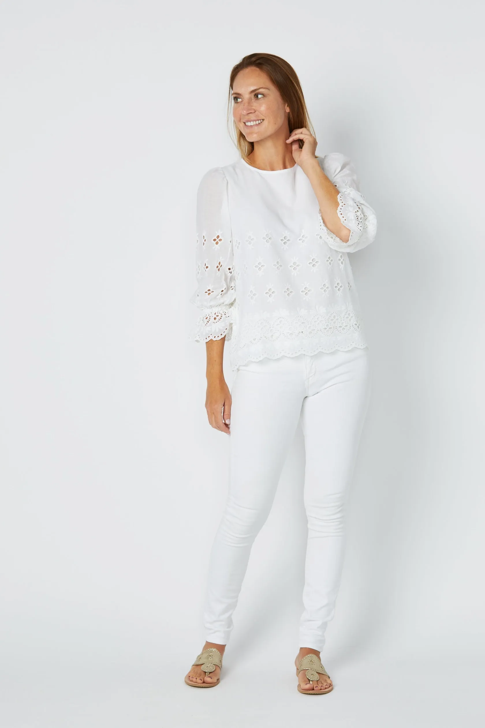 White Eyelet Long Sleeve Scalloped Top