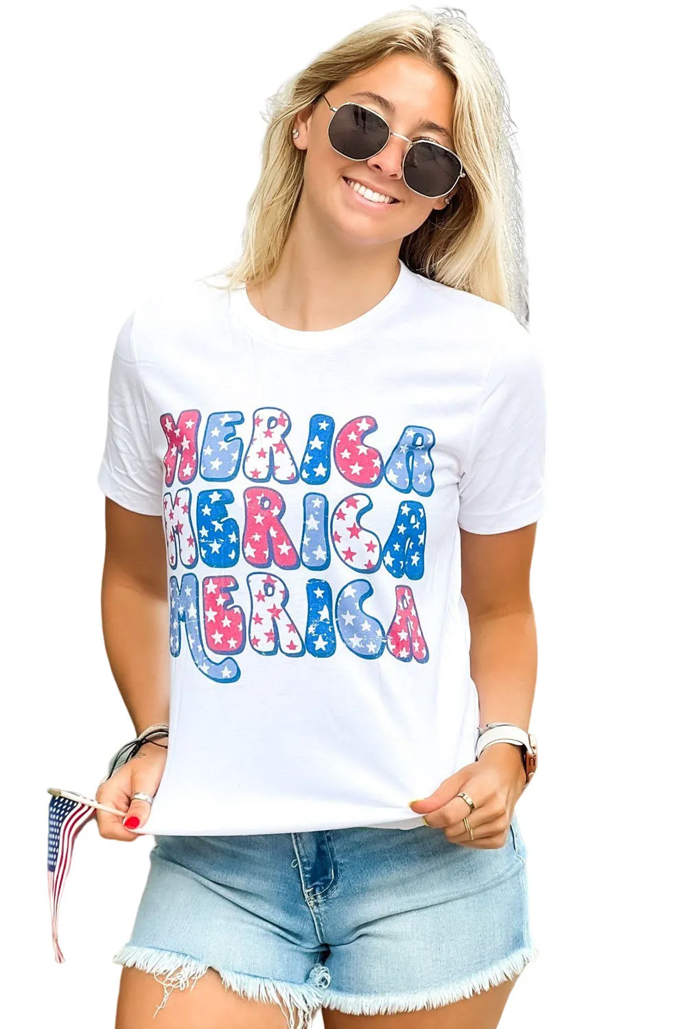 White MERICA Graphic Crew Neck Tee