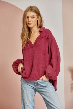 Wine Cotton Gauze Split Neck Top