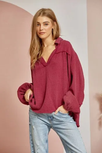 Wine Cotton Gauze Split Neck Top