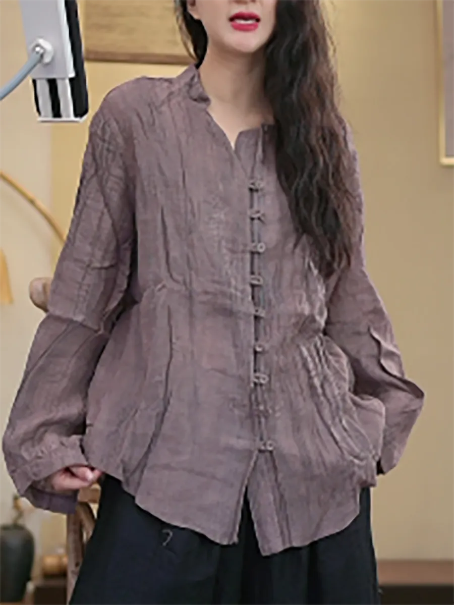 Women Spring O-Neck Button Shirred Ramie Shirt