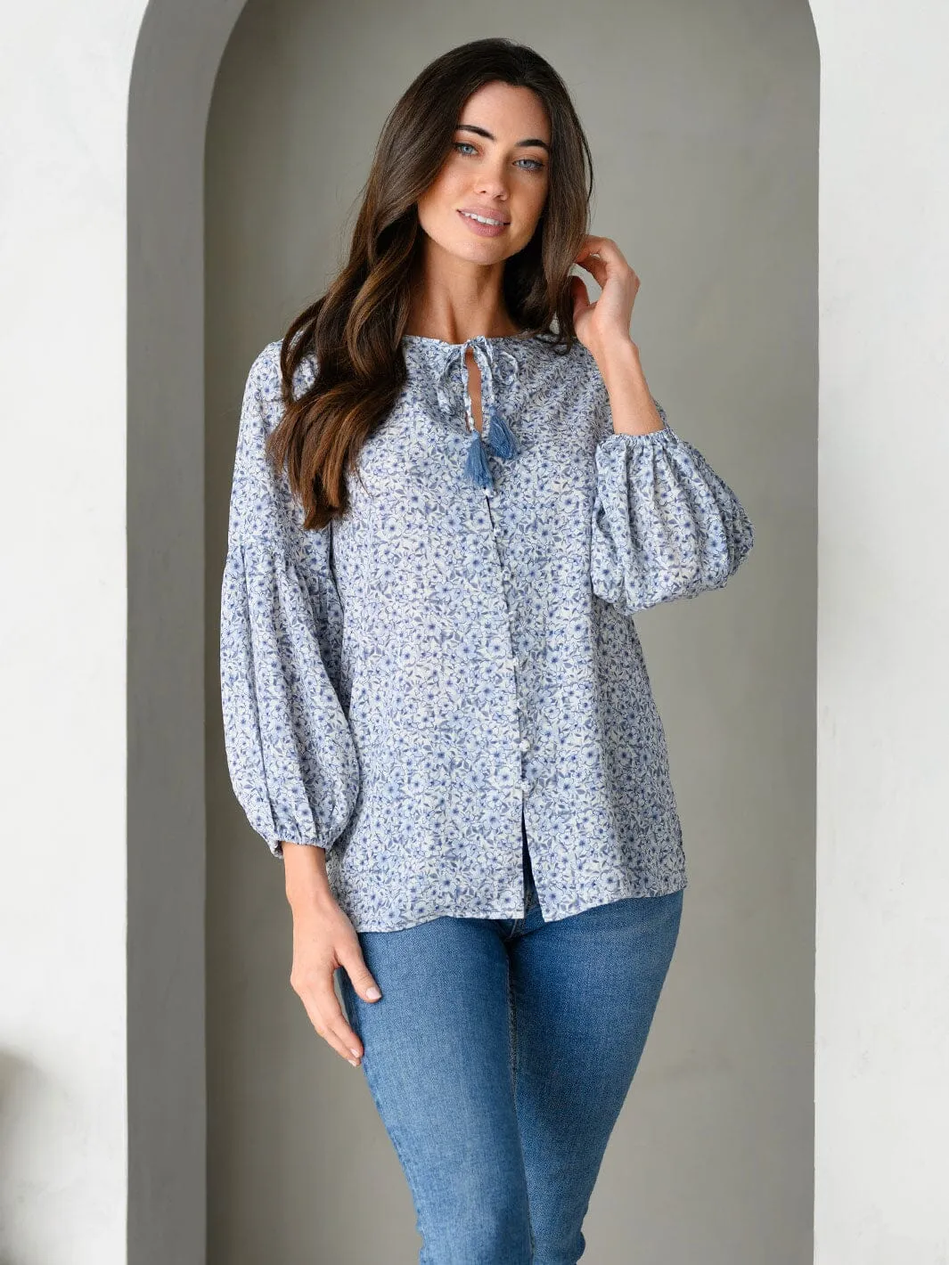 WOMEN'S 3/4 PUFF SLEEVE FLORAL PRINT TOP