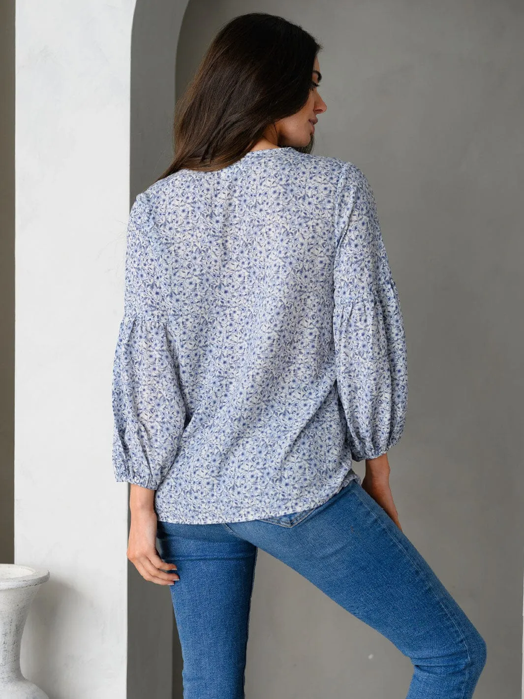 WOMEN'S 3/4 PUFF SLEEVE FLORAL PRINT TOP