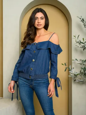 WOMEN'S COLD SHOULDER LONG SLEEVE RUFFLE CHAMBRAY TOP