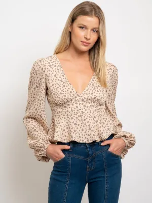 WOMEN'S DOT PRINT V-NECK LONG SLEEVE TOP