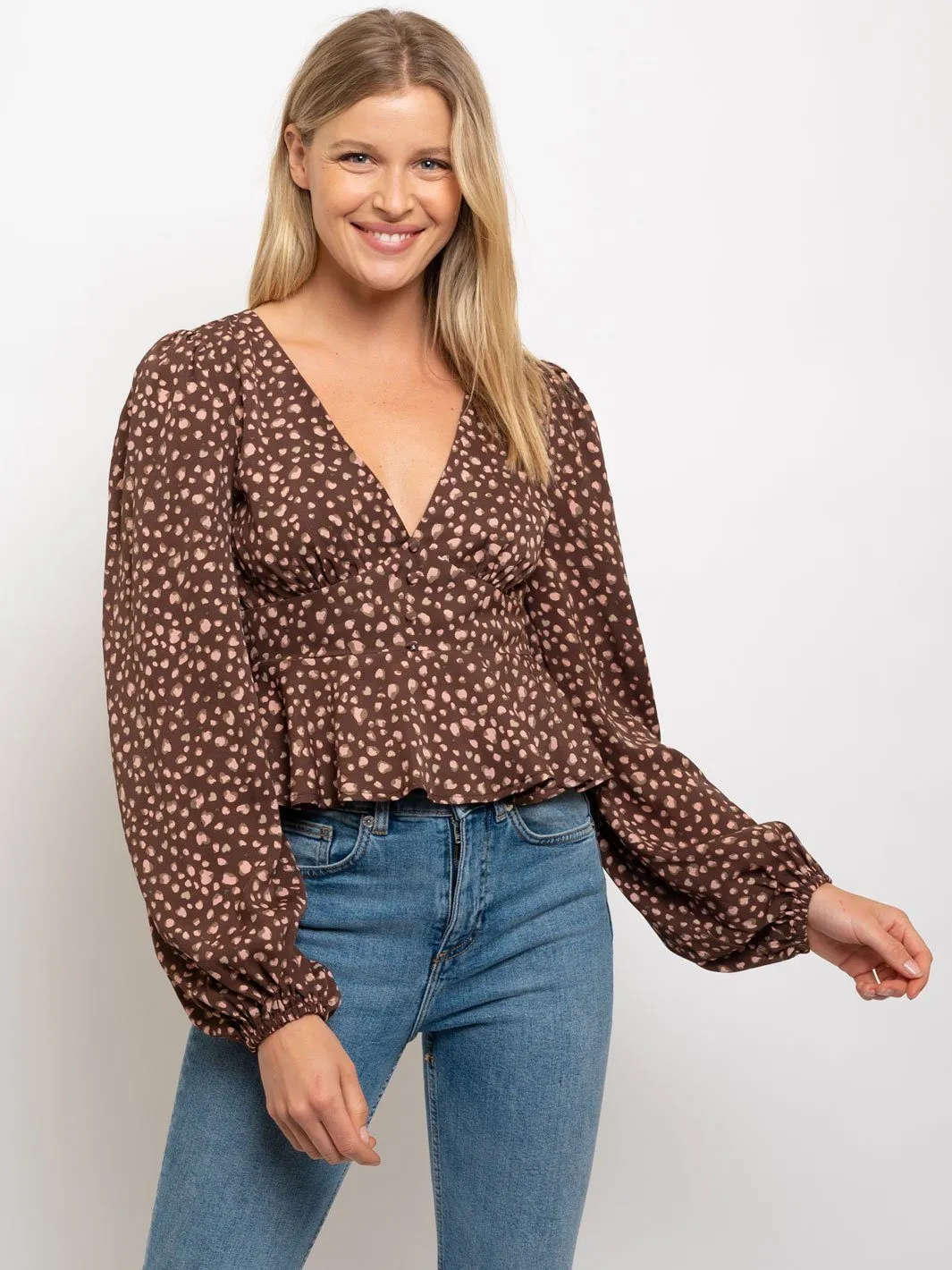 WOMEN'S DOT PRINT V-NECK LONG SLEEVE TOP