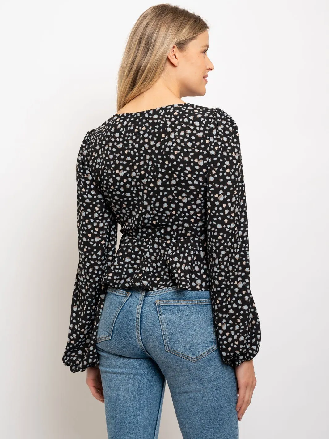 WOMEN'S DOT PRINT V-NECK LONG SLEEVE TOP