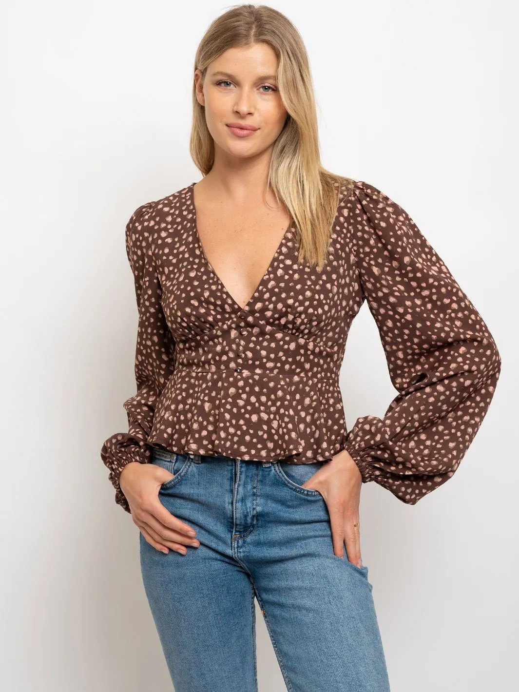 WOMEN'S DOT PRINT V-NECK LONG SLEEVE TOP