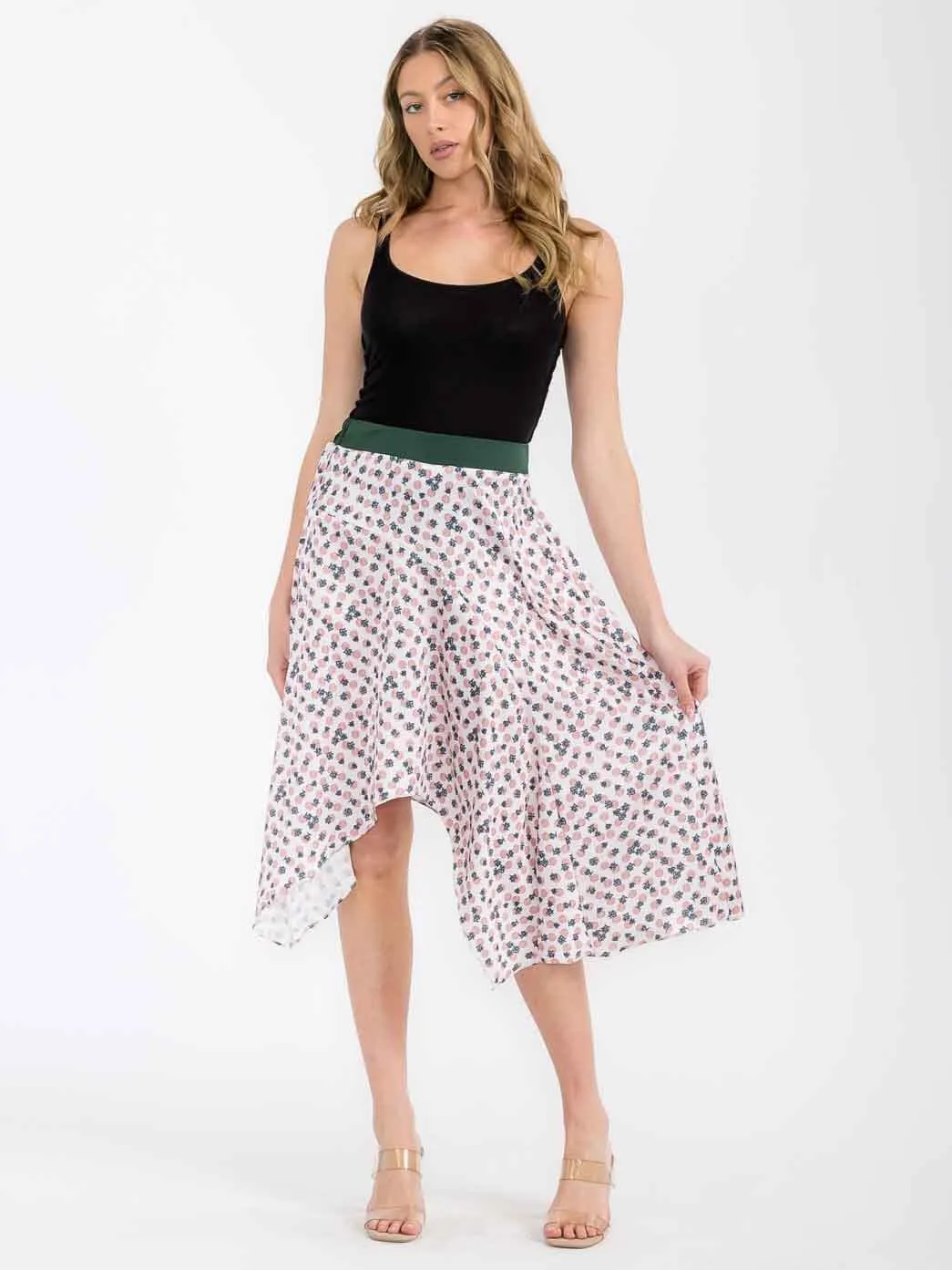 WOMEN'S ELASTIC WAIST MULTI PRINT HIGH-LOW MIDI SKIRT