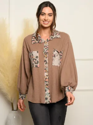 WOMEN'S LONG BELL SLEEVE BUTTON UP ANIMAL PRINT TOP