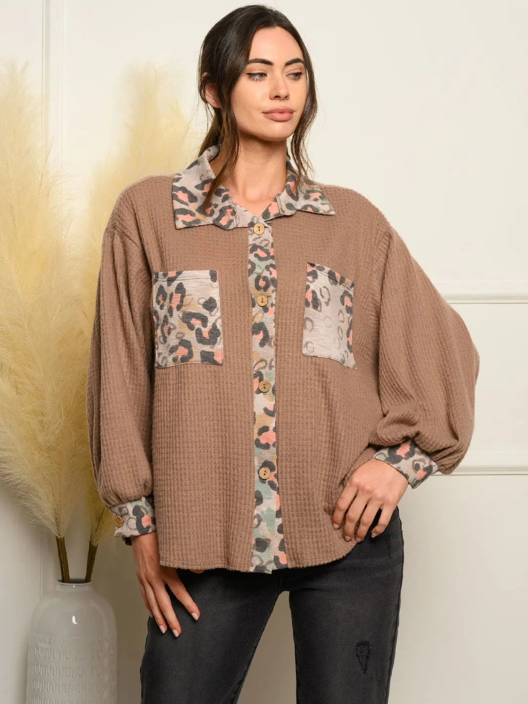 WOMEN'S LONG BELL SLEEVE BUTTON UP ANIMAL PRINT TOP