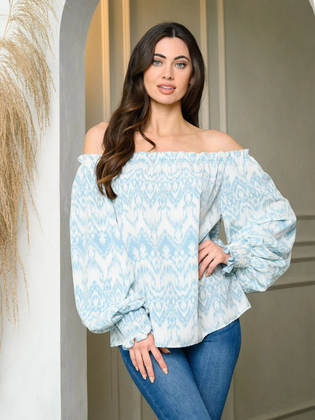WOMEN'S LONG PUFF SLEEVE OFF SHOULDER PRINT TUNIC TOP