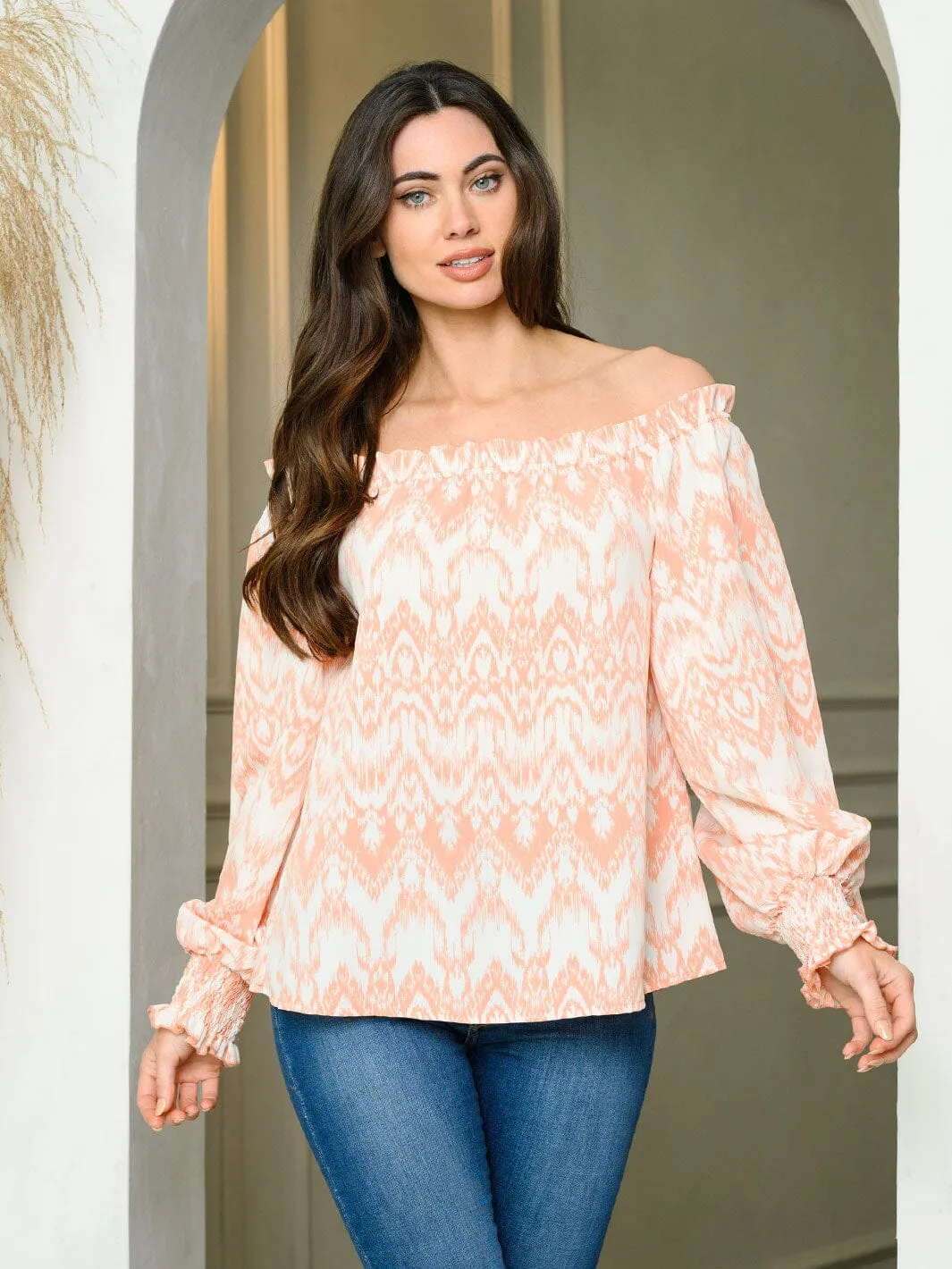 WOMEN'S LONG PUFF SLEEVE OFF SHOULDER PRINT TUNIC TOP