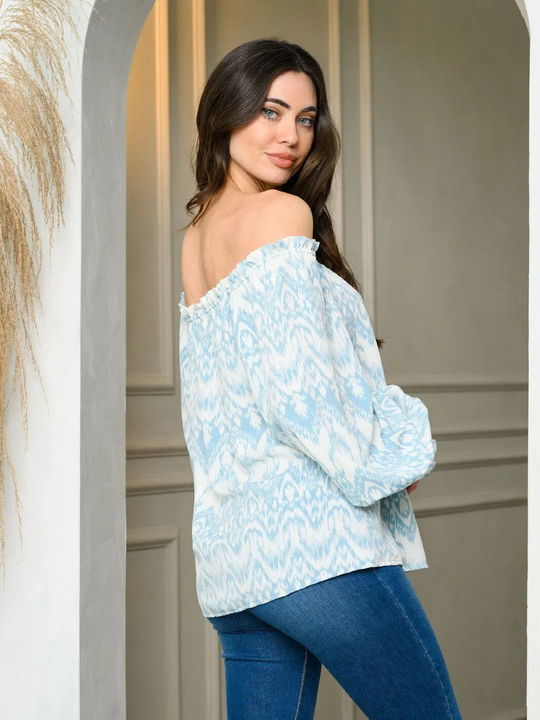 WOMEN'S LONG PUFF SLEEVE OFF SHOULDER PRINT TUNIC TOP