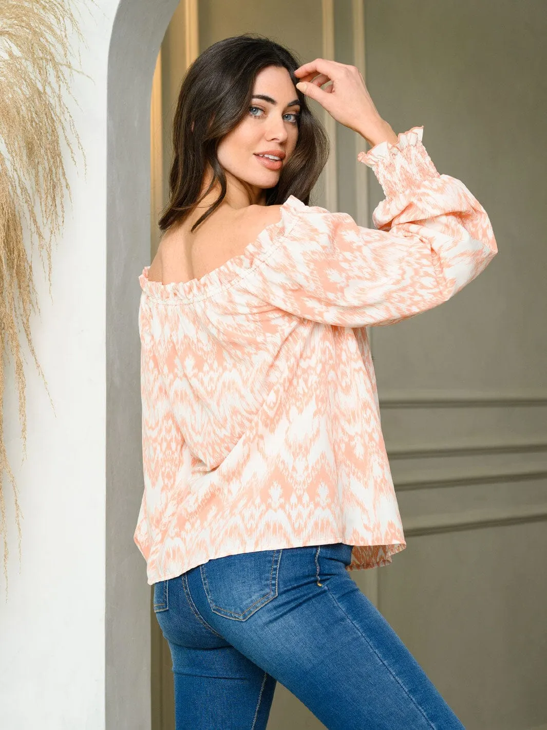 WOMEN'S LONG PUFF SLEEVE OFF SHOULDER PRINT TUNIC TOP