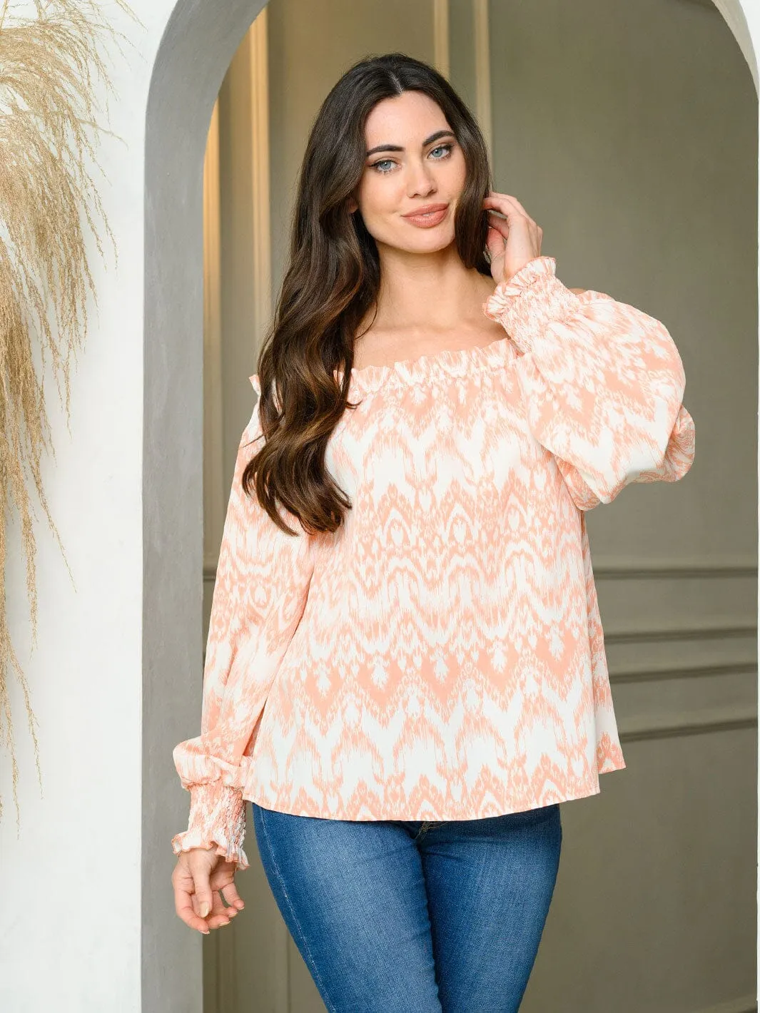 WOMEN'S LONG PUFF SLEEVE OFF SHOULDER PRINT TUNIC TOP