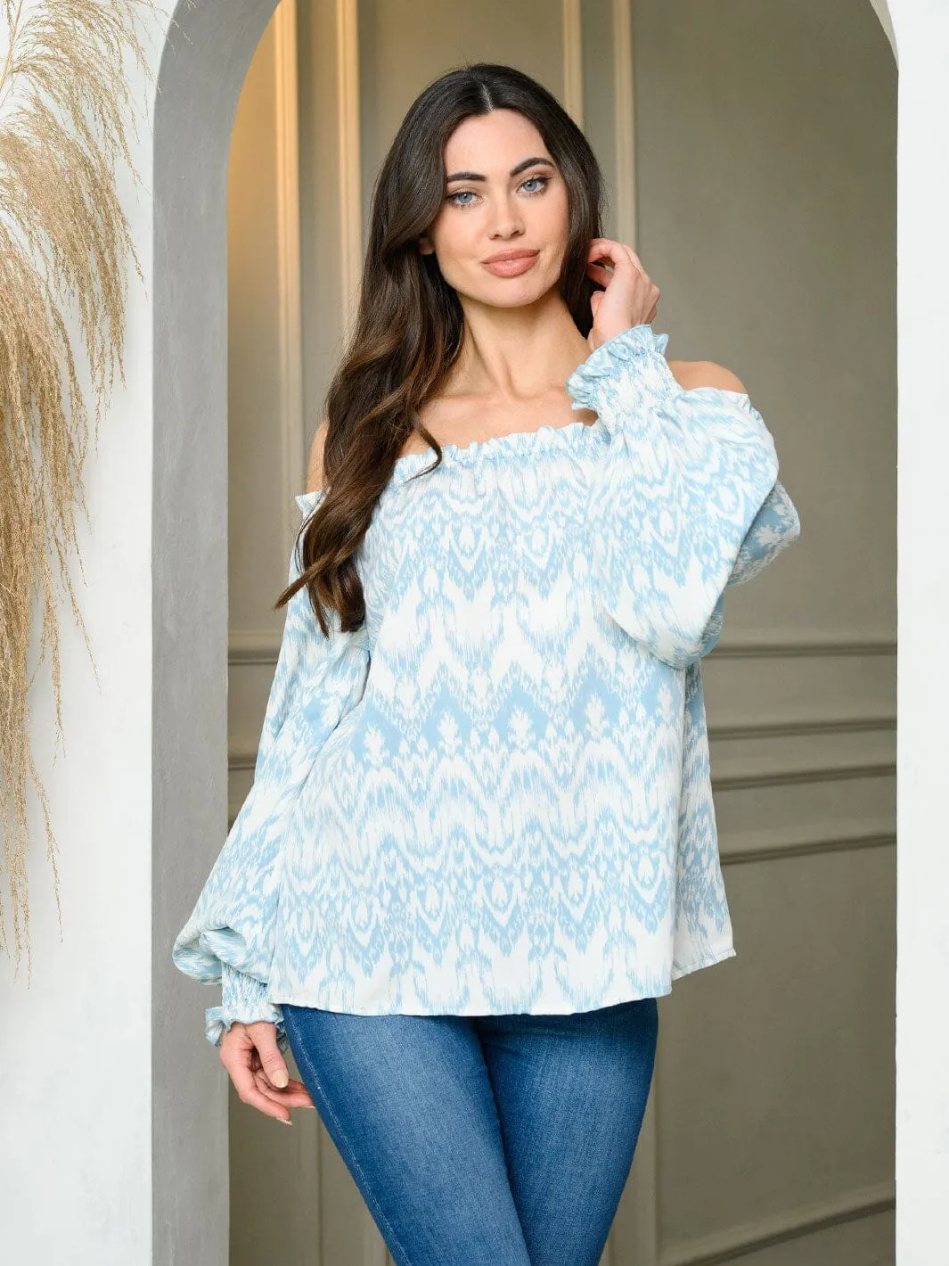 WOMEN'S LONG PUFF SLEEVE OFF SHOULDER PRINT TUNIC TOP