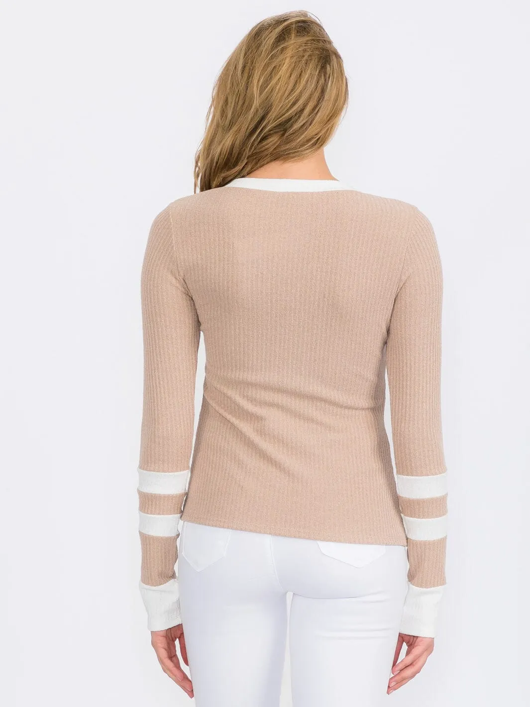 WOMEN'S LONG SLEEVE BUTTON UP COLORBLOCK RIBBED TOP