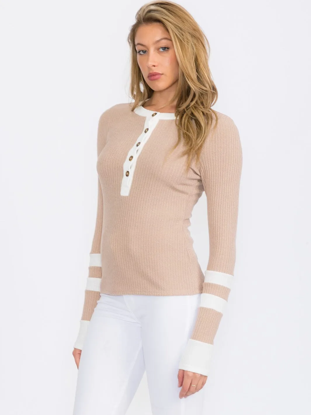 WOMEN'S LONG SLEEVE BUTTON UP COLORBLOCK RIBBED TOP