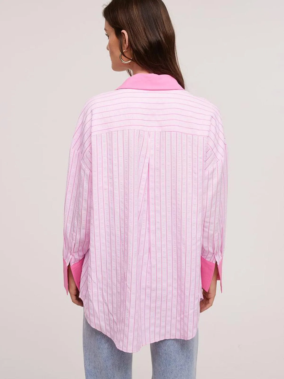 WOMEN'S LONG SLEEVE BUTTON UP COLORBLOCK STRIPES TOP