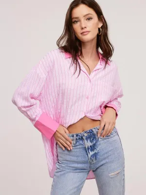 WOMEN'S LONG SLEEVE BUTTON UP COLORBLOCK STRIPES TOP