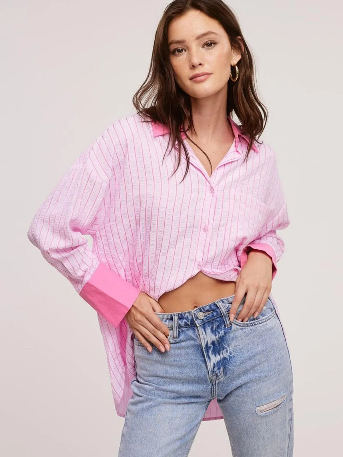 WOMEN'S LONG SLEEVE BUTTON UP COLORBLOCK STRIPES TOP