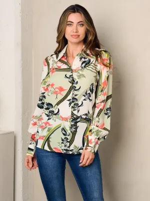 WOMEN'S LONG SLEEVE BUTTON UP FLORAL BLOUSE TOP
