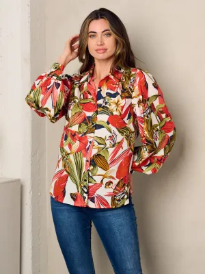WOMEN'S LONG SLEEVE BUTTON UP LEAF PRINT BLOUSE TOP