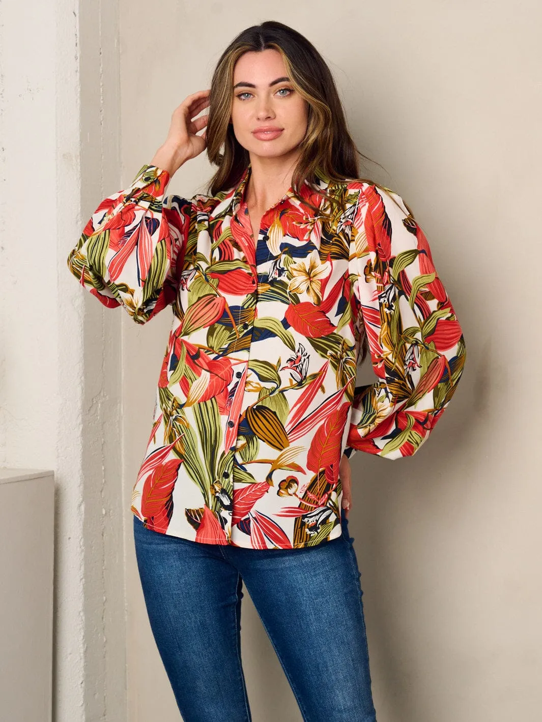 WOMEN'S LONG SLEEVE BUTTON UP LEAF PRINT BLOUSE TOP
