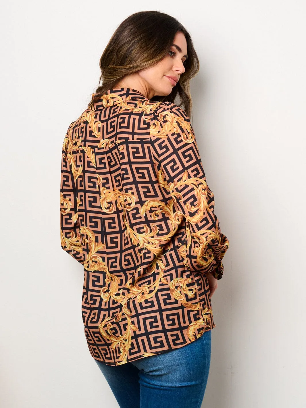 WOMEN'S LONG SLEEVE BUTTON UP MULTI PRINT BLOUSE TOP