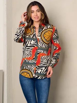 WOMEN'S LONG SLEEVE BUTTON UP PRINTED BLOUSE TOP