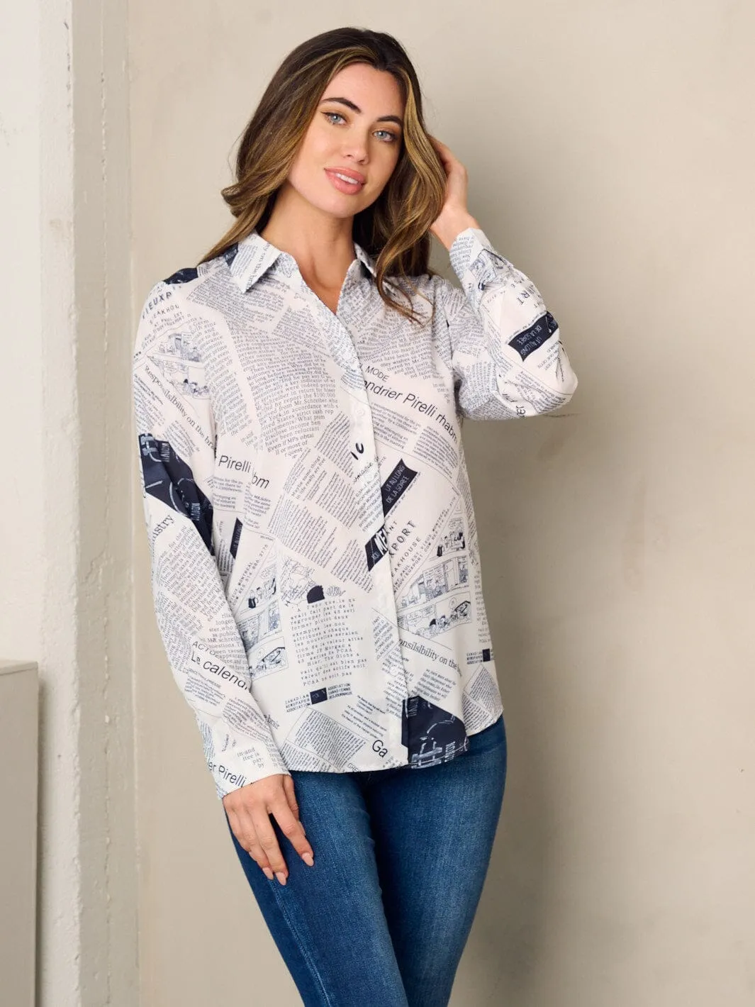 WOMEN'S LONG SLEEVE BUTTON UP PRINTED BLOUSE TOP