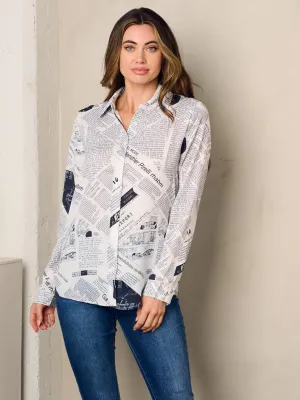 WOMEN'S LONG SLEEVE BUTTON UP PRINTED BLOUSE TOP