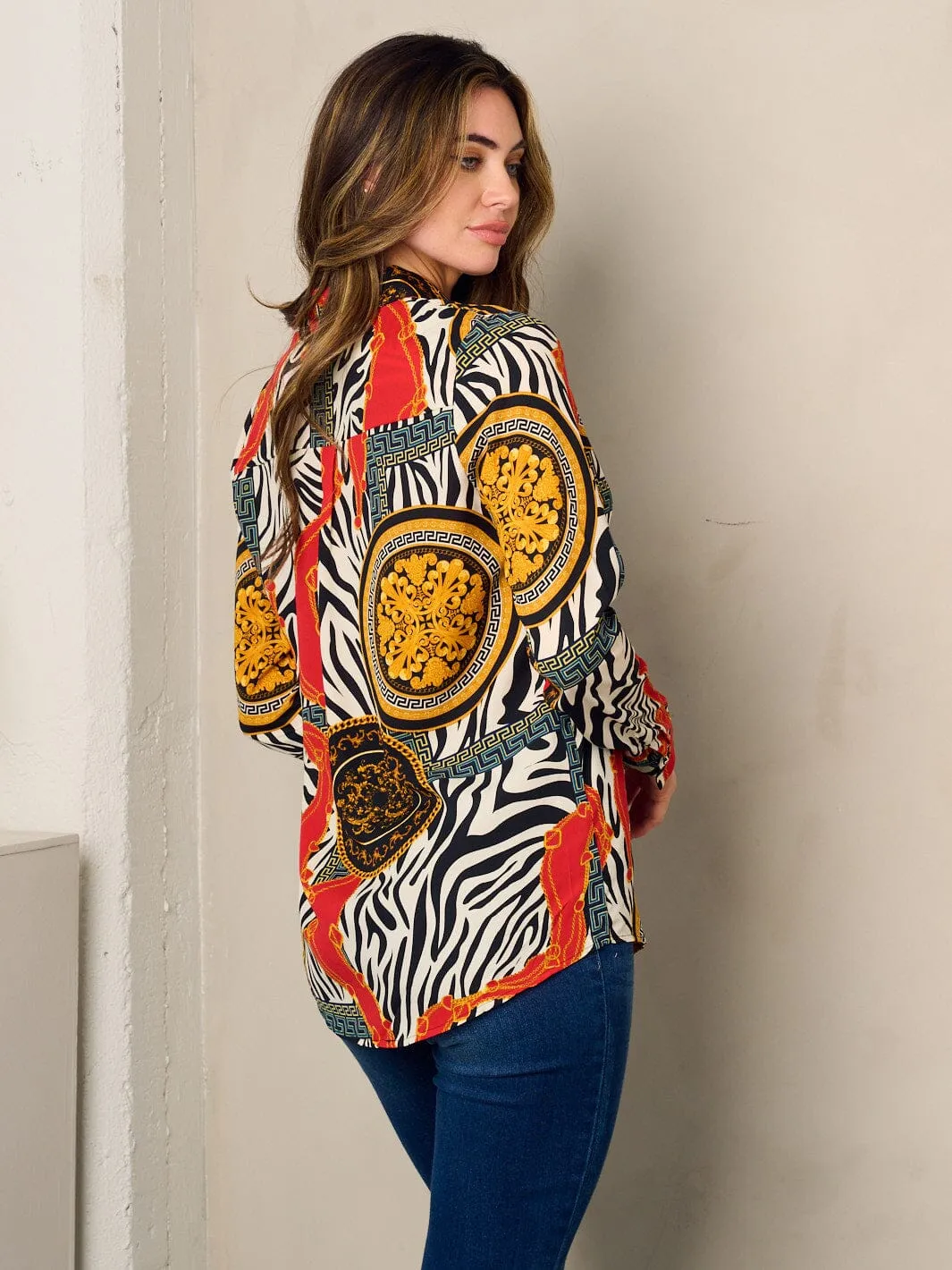 WOMEN'S LONG SLEEVE BUTTON UP PRINTED BLOUSE TOP