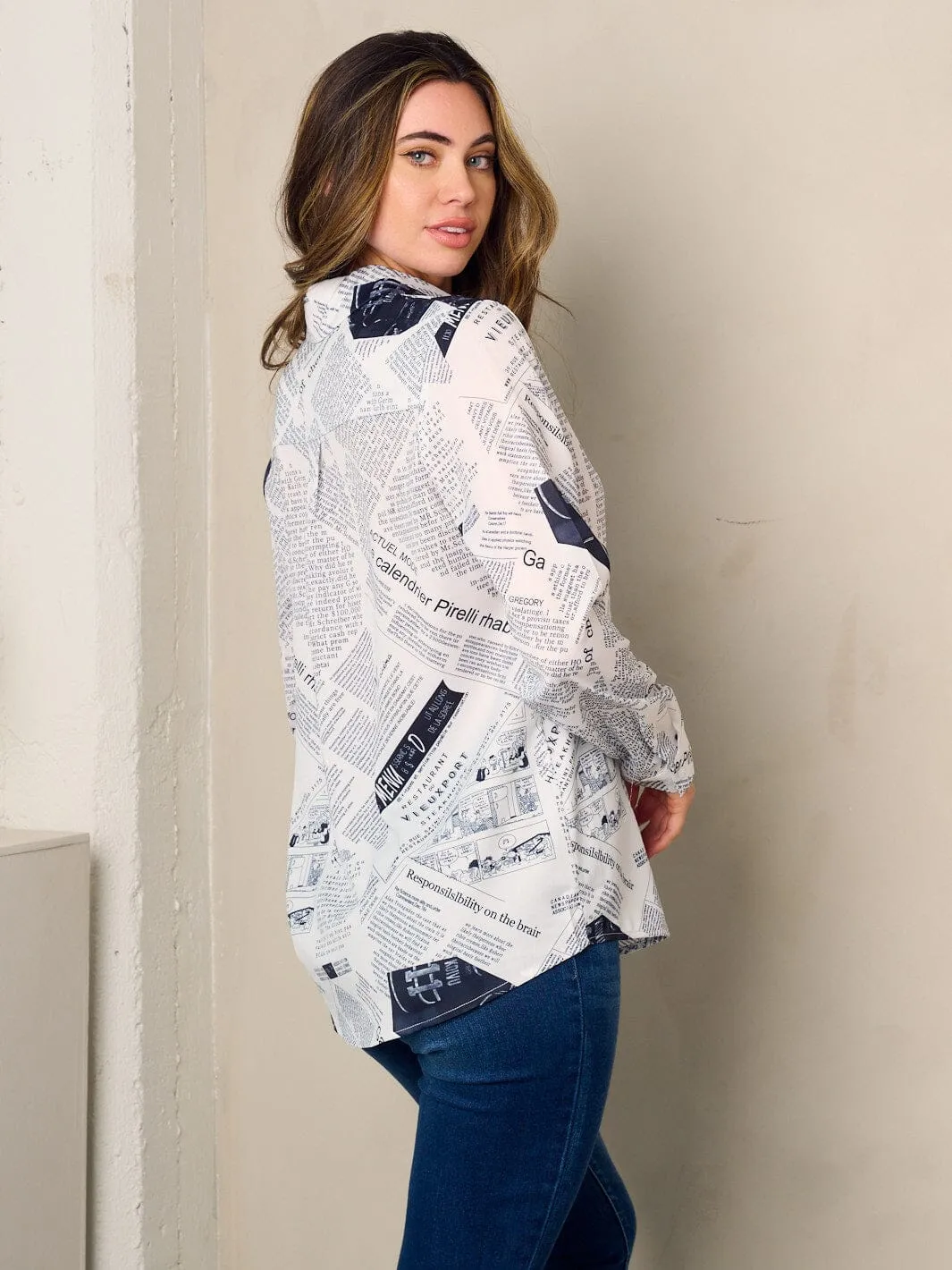 WOMEN'S LONG SLEEVE BUTTON UP PRINTED BLOUSE TOP