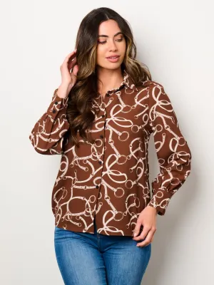 WOMEN'S LONG SLEEVE BUTTON UP PRINTED BLOUSE TOP