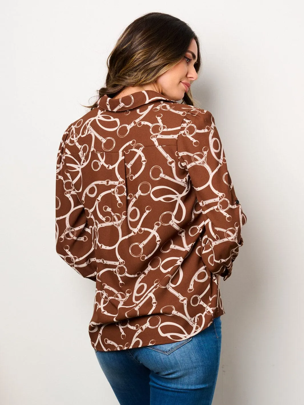WOMEN'S LONG SLEEVE BUTTON UP PRINTED BLOUSE TOP