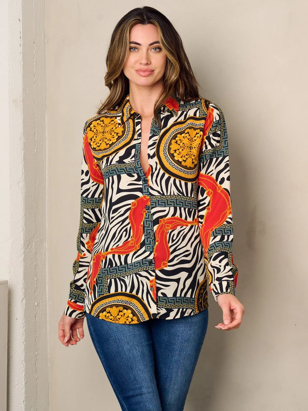 WOMEN'S LONG SLEEVE BUTTON UP PRINTED BLOUSE TOP