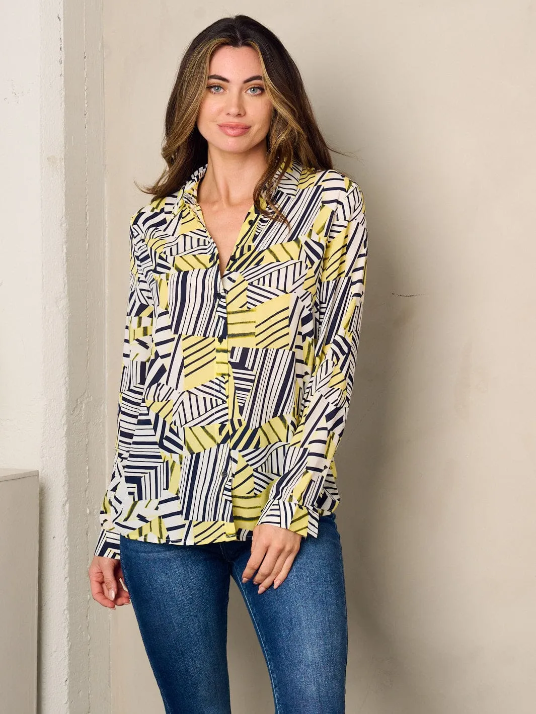 WOMEN'S LONG SLEEVE BUTTON UP PRINTED BLOUSE TOP