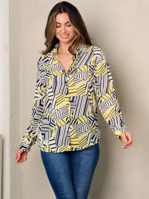 WOMEN'S LONG SLEEVE BUTTON UP PRINTED BLOUSE TOP
