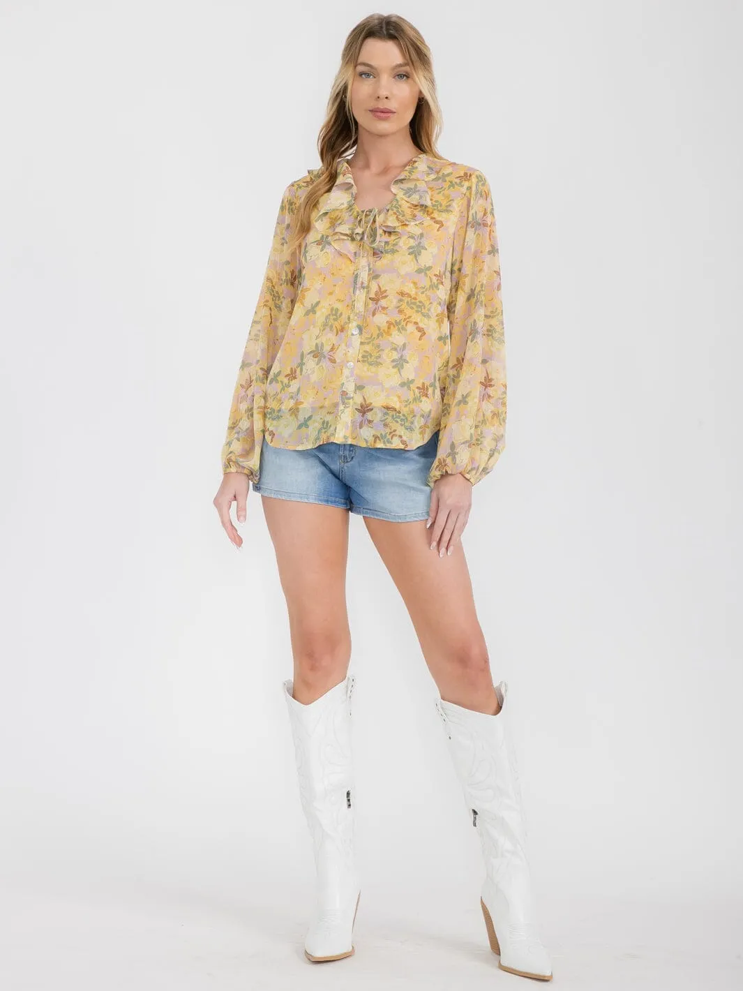 WOMEN'S LONG SLEEVE BUTTON UP RUFFLE FLORAL BLOUSE