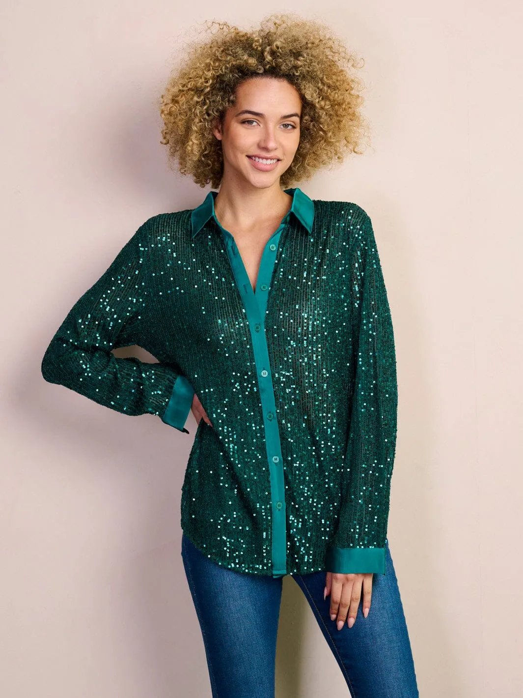 WOMEN'S LONG SLEEVE BUTTON UP SEQUINS BLOUSE TOP