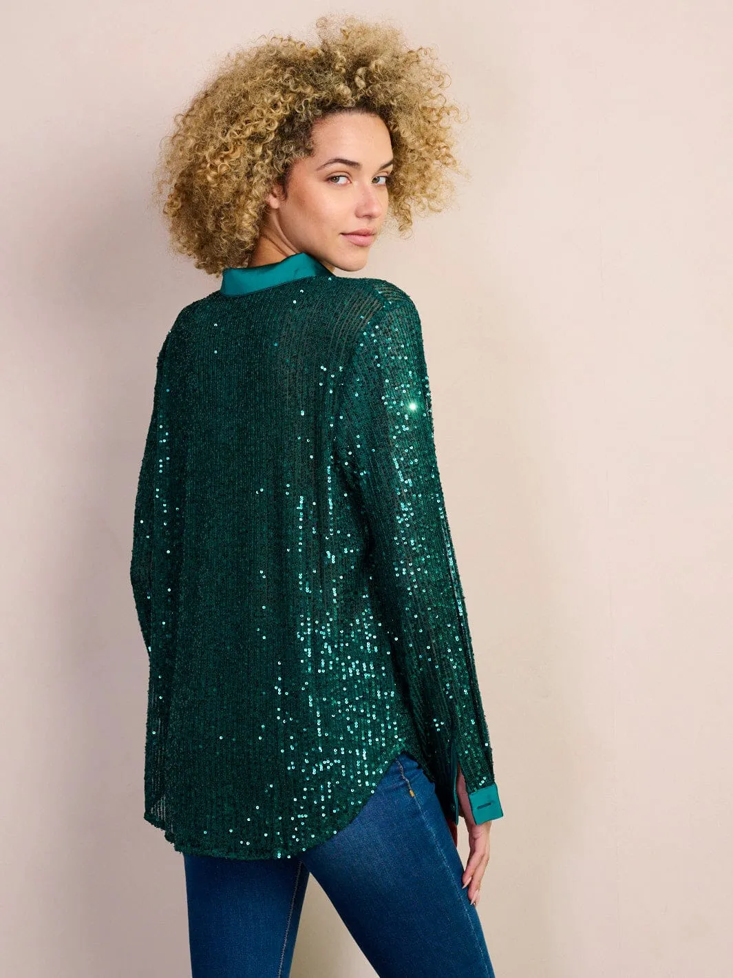 WOMEN'S LONG SLEEVE BUTTON UP SEQUINS BLOUSE TOP