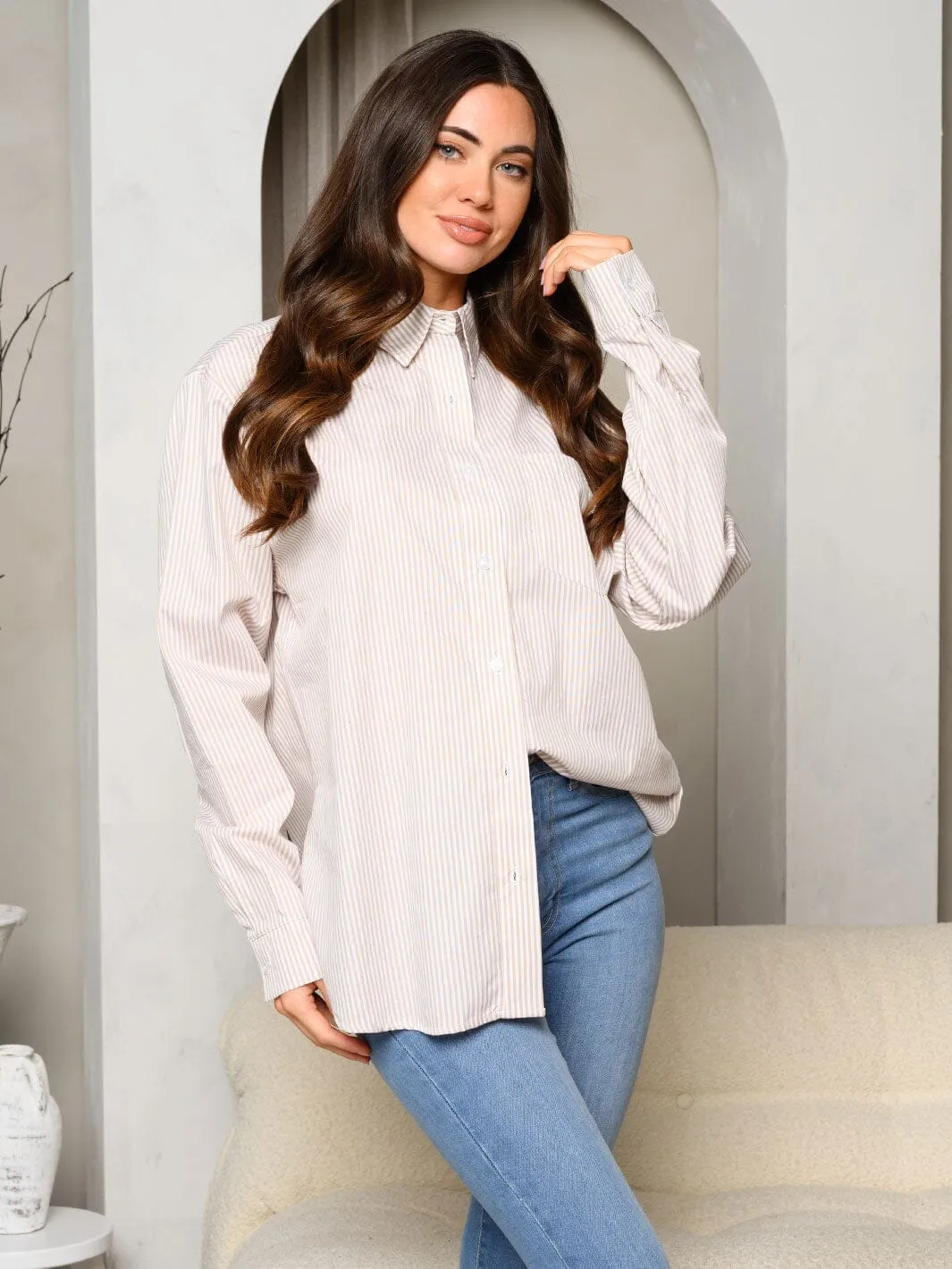 WOMEN'S LONG SLEEVE BUTTON UP STRIPES TOP