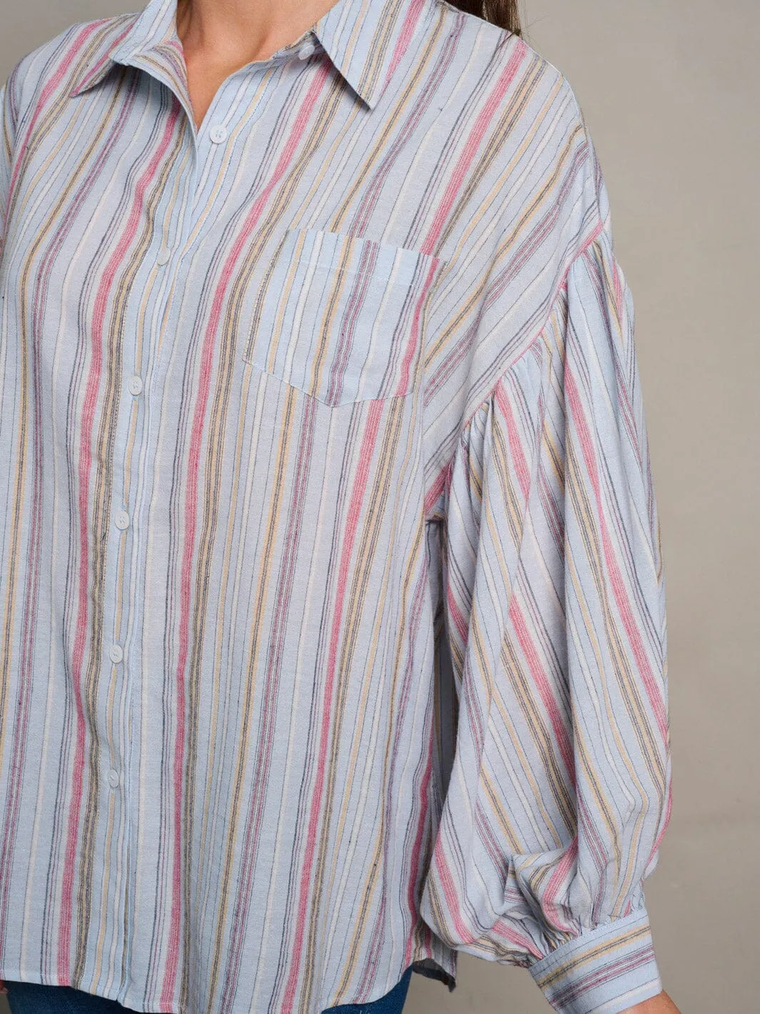 WOMEN'S LONG SLEEVE STRIPES BUTTON UP BLOUSE TOP