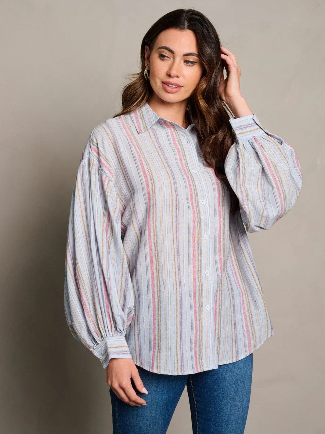 WOMEN'S LONG SLEEVE STRIPES BUTTON UP BLOUSE TOP